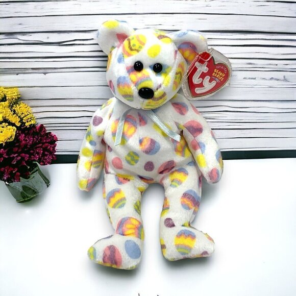 TY Beanie Babies Eggs The Easter Egg Bear White Yellow Pink Polka Dot 8" 2003 - Picture 1 of 8